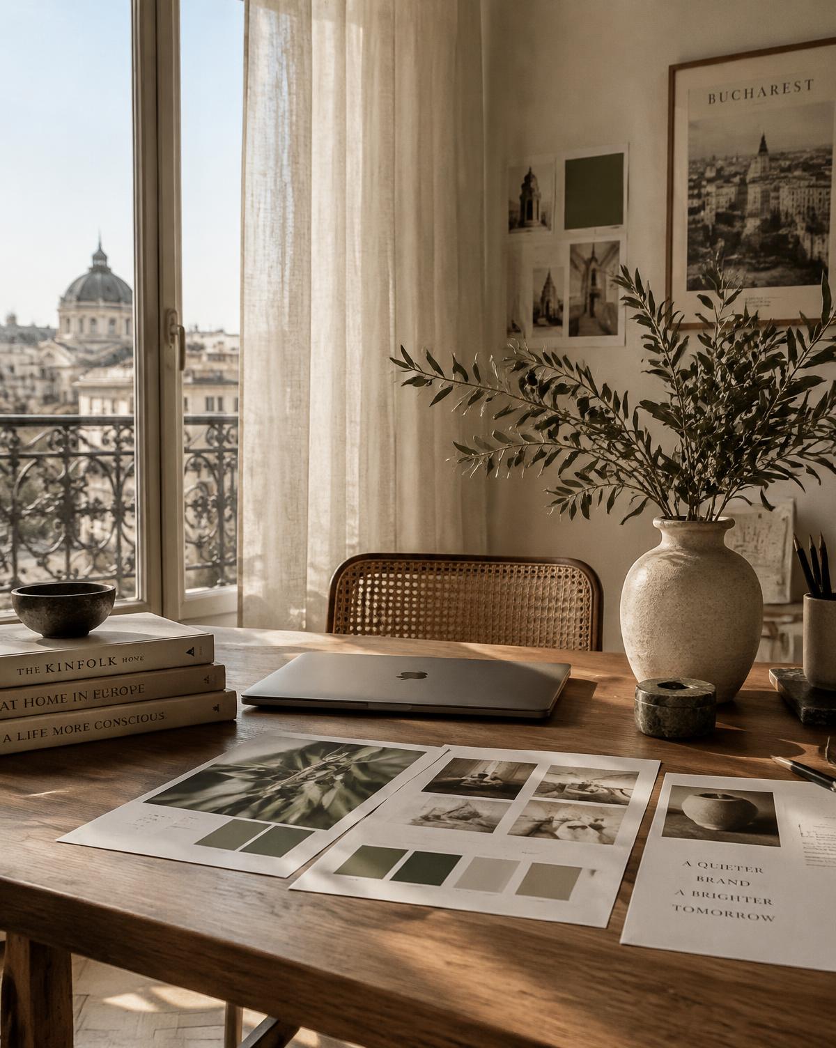 Birou luminos de studio în București, cu moodboard-uri de brand